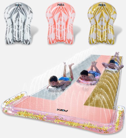 POZA Inflable Triple Deslizador Gigante con 3 Tablas de Bodyboard - Lujoso Juego de Agua Deslizante Triple con Rociador Incorporado, Carrera de Deslizamiento de Tres Carriles en el Patio Trasero - 18 Pies