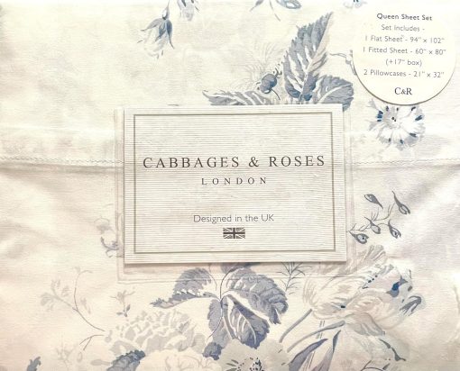 Juego de sabanas Cabbages & Roses of London 100% algodon percal de lujo para el hogar, ligero, fresco, de calidad hotelera y sin arrugas de 4 piezas (Azul Constance, Queen (Estandar U.S.))