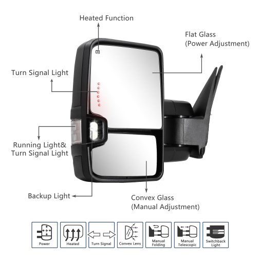 Espejos de Remolque Switchback Compatible con Chevy Silverado GMC Sierra 2003-2007 Espejos de Remolque con Vidrio Ajustable Electrico Calentado Luz de Carrera y Senal de Giro Lampara de Respaldo Cromo Reflectante - Imagen 3