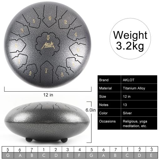 AKLOT Steel Tongue Drum - 12 Pulgadas 13 Notas - Instrumentos de Percusion - Tambor Hand Pan con Libro de Musica, Mazos de Tambor y Bolsa de Transporte - Imagen 2