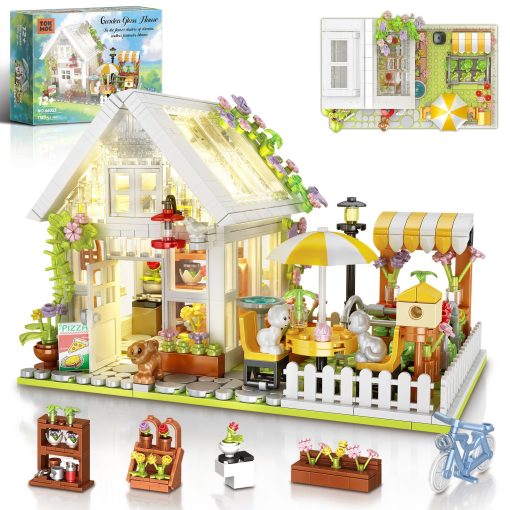 Juego de construccion de casa de flores, juguete de construccion de casa de jardin con luces LED, conjunto de modelo de invernadero creativo, kit de construccion de casa de cristal para jardin, regalo de Navidad y cumpleanos para ninos de 12+ (1188 piezas)