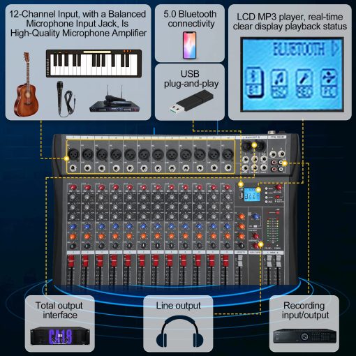 Mezcladora de Audio Inalambrica de 12 Canales, Equipo DJ Profesional, Consola con Bluetooth USB, Mezcladora DJ con Efectos, Mesa de Sonido con Alimentacion de 48V, Entrada/Salida RCA para Profesionales y Principiantes (12 Canales) - Imagen 3