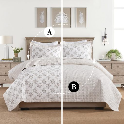 Edredon tamano King CozyStitch, 100% algodon, juego de conforter moderno granjero tamano King, Colcha blanca/almedra, Colcha reversible ligera floral Juego de ropa de cama para todas las estaciones, 3 piezas - Imagen 4