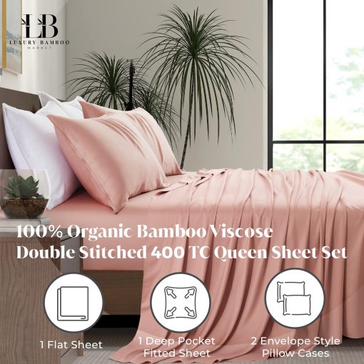 Juego de sabanas tamaño Queen de lujo de bambu | 100% Viscosa hecha de bambu | Cosechado organicamente | Sabanas frescas para personas que duermen calientes | Bolsillo profundo de 17 pulgadas [Cuarzo rosa (rosa polvoriento)] - Imagen 2