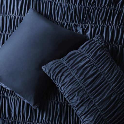 Juego de edredon de lujo de terciopelo fruncido tamano King maravilloso, acolchado a mano con volantes reversibles rayados, sensacion de algodon, regalos festivos esponjosos para el invierno (Azul Marino) - Imagen 4