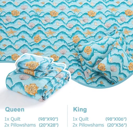 Juego de colcha Queen Finlonte, colcha Queen de algodon ligero, diseno costero azul colchas tamano Queen, juego de ropa de cama de colcha Queen suave y transpirable para todas las estaciones, 3 piezas - Imagen 5