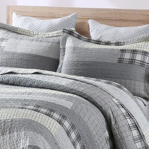 Juego de Edredon BCOTTOND Tamano Queen 100% Algodon Estilo Granja Cuadros Patchwork Reversible Edredon Juego de Ropa de Cama Acolchado Ligero para Cama Queen, 3 piezas, Gris/Crema/Beige - Imagen 4