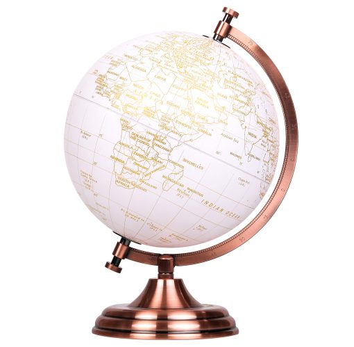Globo Terraqueo Dorado y Blanco de 8" - Libro de Visitas de Boda - Arco de Metal Bronce y Base, Recubierto en Color Dorado en Globo Blanco