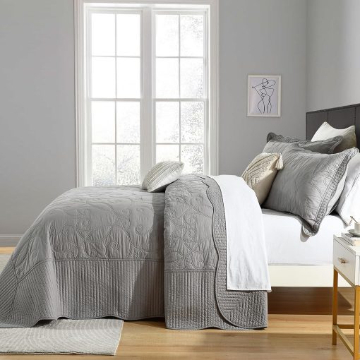 SahSahCasa 100% Algodon 120"x102" Colcha de Cama Queen Extra Grande, Edredon, Colcha Cubrecama Queen XL, Conforter Ligero, 3 Piezas, Gris - Imagen 3