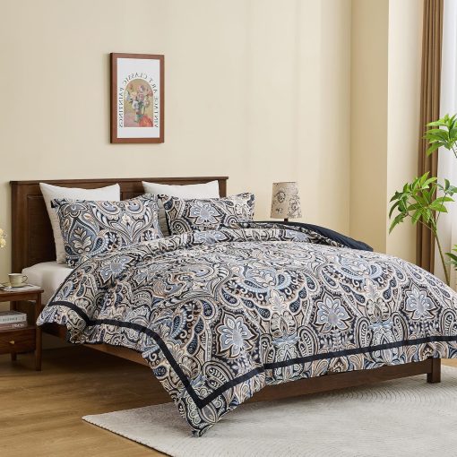 Juego de Edredon de Algodon SahSahCasa Tamano King, Juego de Edredon King de Paisley, Patron Floral Damasco Acolchado Esponjoso de Lujo Suave para Todas las Estaciones, Edredones y Alternativas de Plumas, 3 Piezas, Negro - Imagen 3