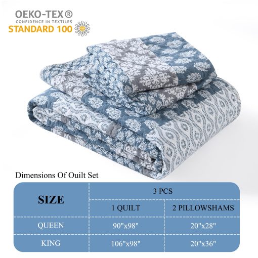 Edredon Floral Tamano King - 100% Algodon Reversible Edredon King con 2 Fundas de Almohada, Suave Edredon King Ligero Juego de Ropa de Cama Tamano King, Azul/Gris Country, King - Imagen 3