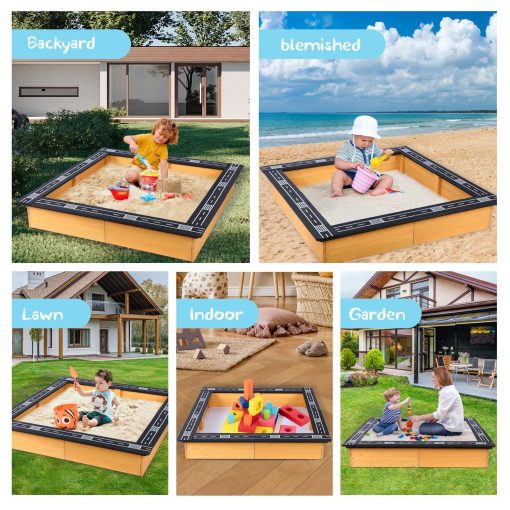 Arenero de Madera FAHKNS con Tapa - Pista de Carreras DIY - Asientos Tipo Pista - Proteccion de Arena, Forro Inferior - Gran Arenero para Ninos Actividades al Aire Libre, Almacenamiento de Juguetes, Jardineria de Flores - Imagen 7