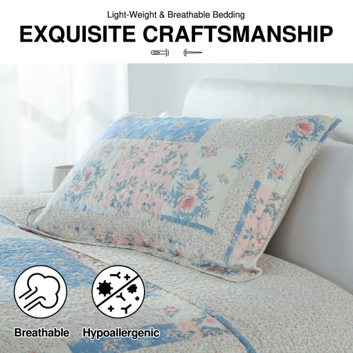 Colcha King DDUOXIN (120"x120") - 100% Algodon, Colcha Reversible Acolchada con 2 Fundas de Almohada, Juegos de Colchas Ligeras con Diseño Floral Campestre, Azul, King/Cal King - Imagen 5