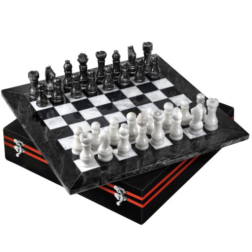 Juego de Ajedrez de Marmol Hecho a Mano UMAID con Caja de Regalo de Terciopelo de Lujo - Tablero de Ajedrez de Marmol onix Blanco y Negro de 14 pulgadas, Juegos de Ajedrez unicos para Adultos y Decoracion Moderna de Marmol para el Hogar