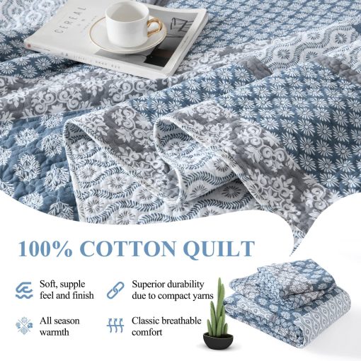 Edredon Floral Tamano King - 100% Algodon Reversible Edredon King con 2 Fundas de Almohada, Suave Edredon King Ligero Juego de Ropa de Cama Tamano King, Azul/Gris Country, King - Imagen 4