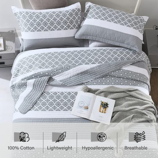 Sets de edredon King PERHOM 100% algodon, Edredon King Size gris azulado con estampado floral, Juego de ropa de cama King ligero para todas las estaciones, 3 piezas - Imagen 4