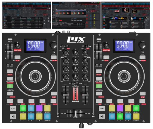 Controlador de DJ portatil de 2 decks LyxJam con pantalla LCD | Looping manual, USB, entrada de MIC, salida de grabacion, 16 pads de actuacion con software Virtual DJ LE incluido (descarga)