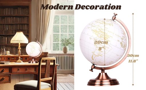 Globo Terraqueo Dorado y Blanco de 8" - Libro de Visitas de Boda - Arco de Metal Bronce y Base, Recubierto en Color Dorado en Globo Blanco - Imagen 2