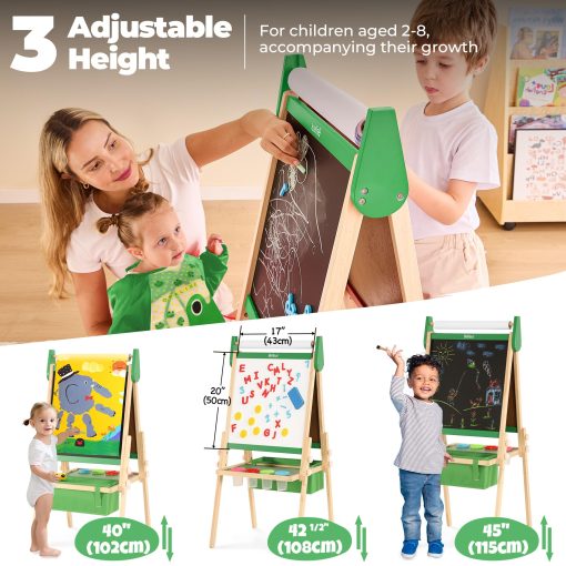 Caballete Belleur Todo en Uno para Niños con 2 Rollos de Papel y Accesorios de Lujo, Pizarra Blanca y Pizarra de Tiza Magnetica Ajustable de Doble Cara, Caballete de Pintura para Niños de 2 a 8 Años, Ideal - Imagen 4