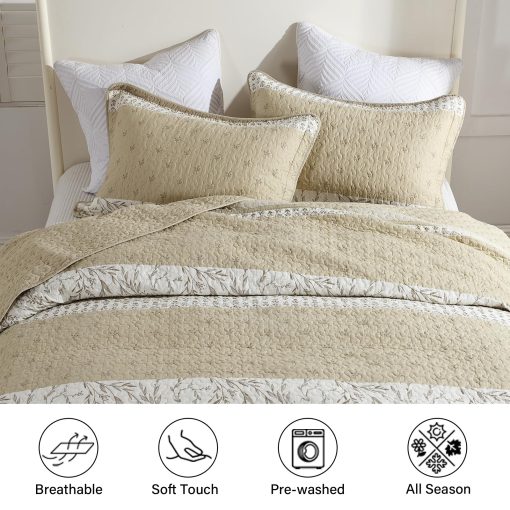 Colcha de cama extragrande California King de 100% algodon 128"x120", colcha de tamano King acolchada, cubrecama extra grande, edredon ligero de gran tamano, beige / gris / crema - Imagen 6
