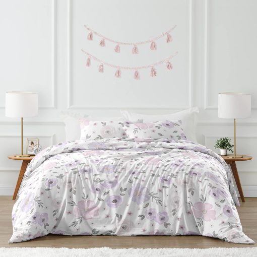 Set de Edredon para Ninas Sweet Jojo Designs Lavanda Morado, Rosa, Gris, y Blanco - Estilo Shabby Chic con Flores Acuarela - Tamano Full/Queen - 3 Piezas - Rosas