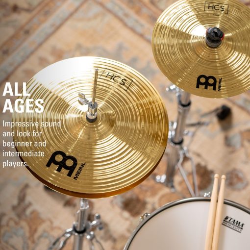 Set de Platillos Meinl Cymbals HCS para Bateria con 13" Hihats, 14" Crash, Mas 10" Splash Gratis, Baquetas, Lecciones - Hechos en Alemania - Laton Duradero, Garantia de 2 Anos, Acabado Tradicional (HCS1314) - Imagen 5