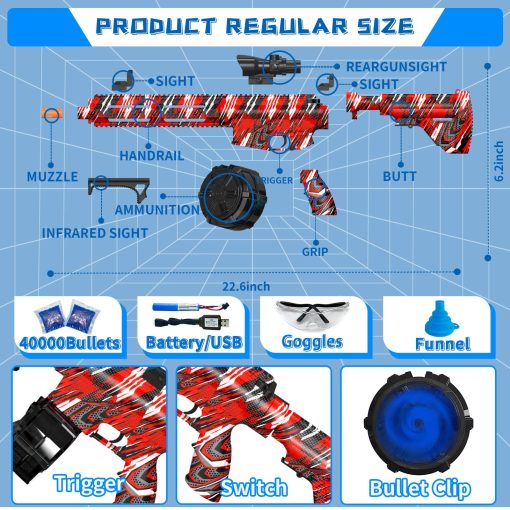 Pistola de Bolas de Gel Electrica, Pistola de Bolas de Plastico de Alta Velocidad con 40000+ Balas y Gafas Protectoras, JIFTOK Juguetes Recargables para Actividades al Aire Libre Juego de Disparos Fiestas- NegroRojo - Imagen 6