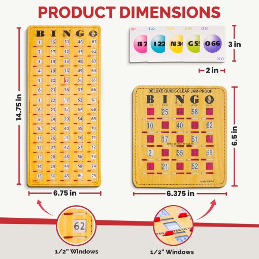 MR CHIPS Cartones de Bingo a Prueba de Atascos con Ventanas Deslizantes, 25 Cartones de Bingo Reutilizables, 75 Cartas de Llamada de Bingo, 1 Tablero Maestro de Bingo en Estilo de Veta de Madera - Imagen 5