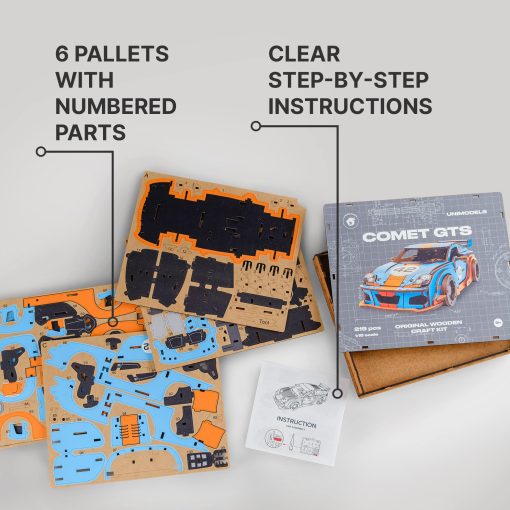 Rompecabezas de madera original UNIDRAGON para adultos Unimodels Comet GTS Azul-Naranja 219 piezas, modelo de coche de madera ensamblado, caja de regalo de madera, piezas con formas - Imagen 4