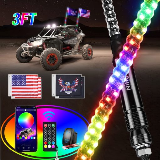 Nilight 2PCS 3FT RGB LED Whip Light, Control Remoto y de APP con Patrones de Caza DIY Luz de Parada Giro Reversa Antena de Seguridad Iluminacion de Latigos para ATV UTV Polaris RZR Can-am Buggy Jeep, Garantia de 2 Anos
