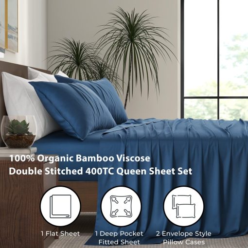Juego de sabanas de lujo de bambu | Tamano Queen | 100% viscosa de bambu | Cosechado organicamente | Ultra suave | Sabanas refrigerantes para personas calurosas | Bolsillo profundo de 17 pulgadas [Azul medianoche] - Imagen 2