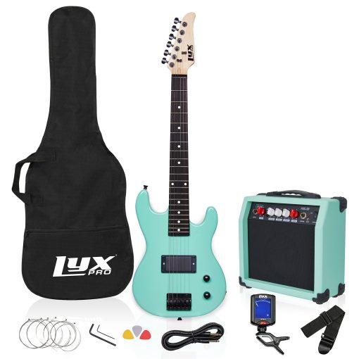 Kit de Guitarra Electrica LyxPro de 30 Pulgadas para Ninos con Guitarra de Iniciacion de 3/4, Amplificador, Seis Cuerdas, Dos Puas, Correa para el Hombro, Afinador Digital de Pinza, Cable de Guitarra y Estuche Suave Gig Bag - Verde