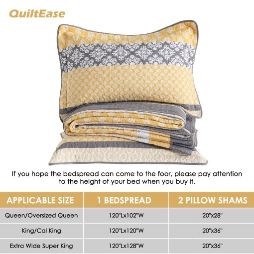 Colcha QuiltEase Oversized King - 120" Lx120 W Extra Ancha - Juego de Colcha de Rayas de Algodon Ligera - Colcha Reversible California King - 3 Piezas - Amarillo/Blanco/Gris - Imagen 5