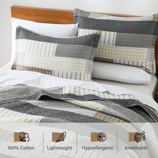 Colcha King Size PERHOM - 100% Algodon Estilo Rustico para Cama King, Juego de Colcha King Edredon para Cama, Ligera y Calida, Gris/Marron/Beige - Imagen 3