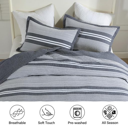 Colcha de cama extra grande king size Finlonte 100% algodon 120"x120", juego de colcha extra grande acolchado para cama California King, set de colcha moderna de rayas XL, edredon ligero azul piedra/blanco, 3 piezas - Imagen 6