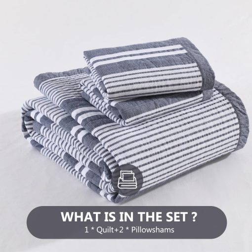 Juego de colcha de 100% algodon tamaño King, Juego de colcha King Bedding, Colcha de textura de gofre para cama King, Colcha reversible a rayas para cama ligera, 3 piezas, gris pizarra - Imagen 8