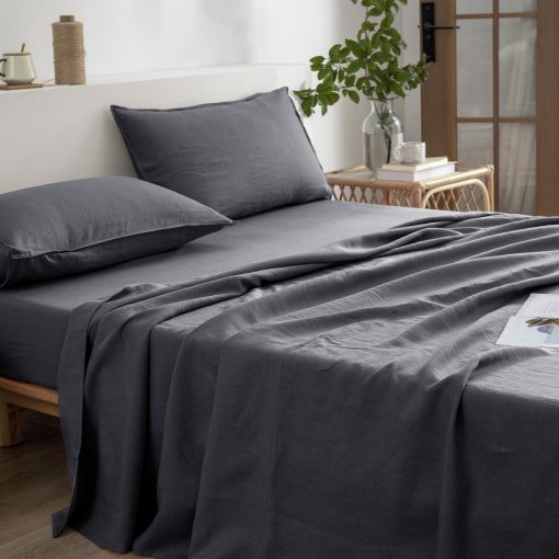 Juego de sabanas de lino EVERLY para cama tamano Full, 100% lino puro frances lavado a la piedra, 4 piezas (1 sabana plana, 1 sabana ajustable, 2 fundas de almohada) Adecuado para personas calurosas, juego de ropa de cama natural - Gris Oscuro - Imagen 3