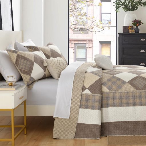 SahSahCasa Colcha Cubrecama Acolchada Reversible Extra Grande para Cama California King, 100% Algodon, Juego de 3 Piezas, Marron/Beige/Caqui - Imagen 3