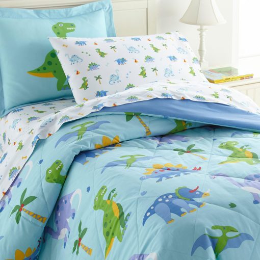 Wildkin 100% Algodon 7 Piezas Full Bed-in-A-Bag para Ninos y Ninas, Juego de Ropa de Cama Incluye Edredon, Sabana Plana, Sabana Ajustable, Dos Fundas de Almohada y Fundas de Almohada para Abrazos Calidos (Tierra de Dinosaurios)