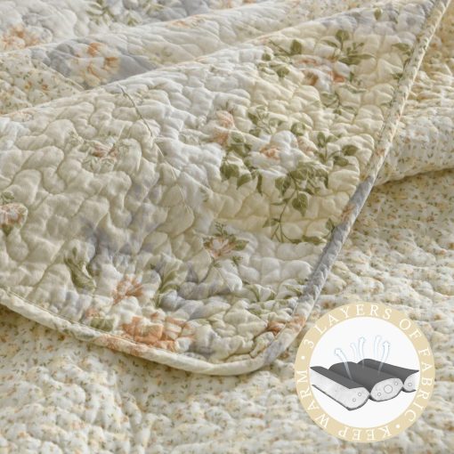 Colcha QuiltMuse Tamano King Extremadamente Grande 120"x120" - Cubrecama King de Algodon 100% Ligero con 2 Fundas de Almohada, Colcha Extra Grande Reversible con Estampado Floral para King/Cal King, Beige - Imagen 5