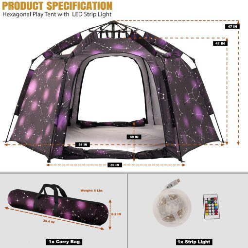 Tienda de campaña hexagonal portatil para niños con luces LED Tienda de juegos interior Casa de juegos para niños Facil montaje Tienda de ensueño para la noche. Tienda grande para 4-5 personas y regalos de cumpleaños - Imagen 2