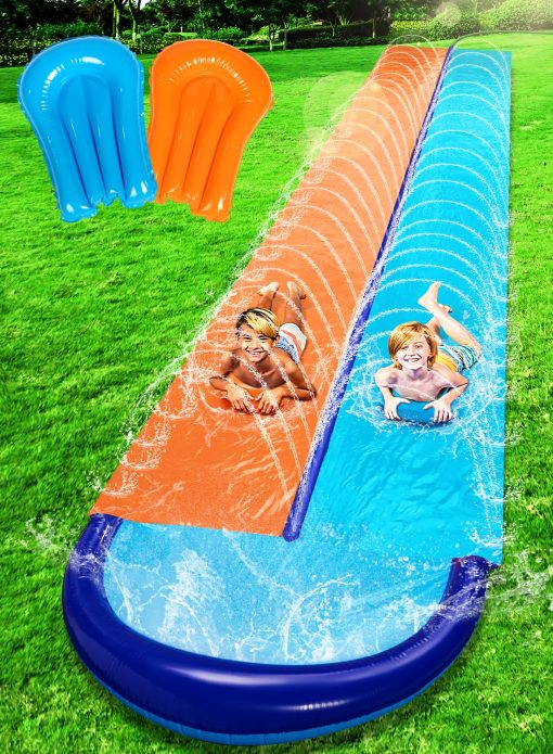 Sloosh 32.5ft Doble Tobogan Acuatico, Resbaladilla de Jardin Resistente con Rociador y 2 Tablas Inflables Deslizamiento al Aire Libre de Verano para Ninos y Adultos