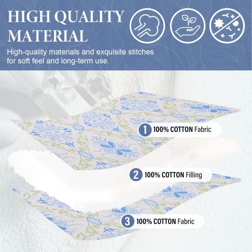 Colcha Queen Size SahSahCasa, 100% Algodon Colcha Floral Queen, Juego de Colcha Queen Edredones, Colchas Reversibles Ligeras para Cama Queen, para Todas las Estaciones, Azul/Verde, 3 Piezas - Imagen 4