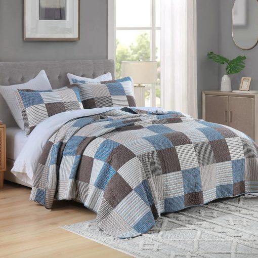 Juego de Edredon a Cuadros Uniclinens Tamaño King, Set de Edredon de Patchwork de Algodon 100%, Edredon Ligero Reversible de Granja, Conjunto de 3 Piezas con 2 Fundas de Almohada, Azul/Marron/Blanco - Imagen 2
