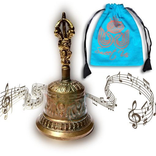 Campana de Mano Solida y Resistente Vintage con Bolsa, Budista Tibetana para Meditacion, para Oracion, para Cena, Dulce Campana Melodica de Boda, Llamada de Servicio, Campana Escolar, 5 pulgadas de Alto