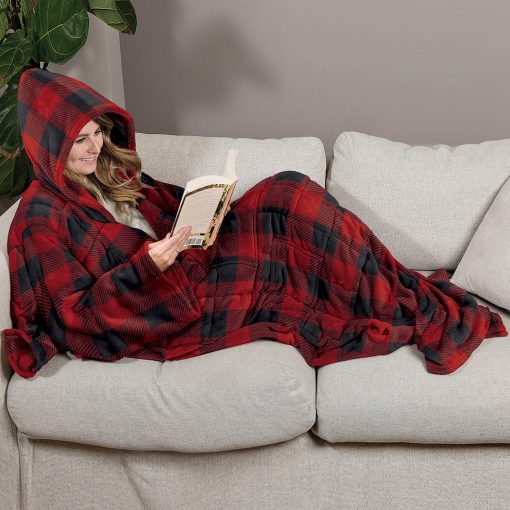 Ella Jayne - Manta con Capucha Ponderada de 4.5kg, Manta Ponible de Forro Polar 100% para Adultos y Adolescentes, Relleno de Perlas de Vidrio, Manta con Capucha Comoda, Talla unica para Todos - Rojo y Negro - Imagen 2