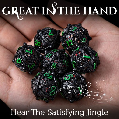 Conjunto de dados DND de metal - Diseno unico de orbe hueco redondo para un mejor lanzamiento - Conjunto de dados de metal Cthulhu geniales para juegos de rol (RPG) - Impresionante conjunto de dados de Dungeons and Dragons (Negro Verde) - Imagen 5