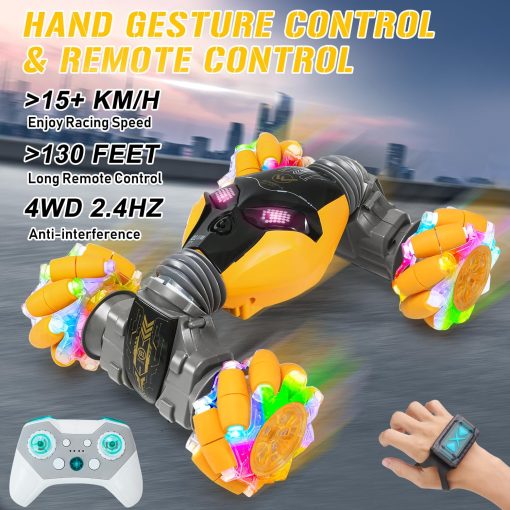 AGNEVE Coches RC Control Remoto por Gestos con Luz Musica 1:12 Coche Rc Controlado a Mano 2.4GHz 4WD Coche de Acrobacias Rc por Gestos Doble Cara Rotacion de 360? Vehiculo Todo Terreno para Ninos Ninas (Amarillo, Profesional) - Imagen 4