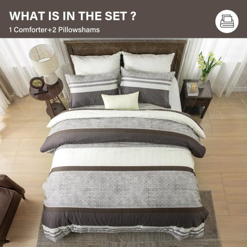 Juego de Edredon King, Juego de Ropa de Cama a Rayas Marron para Cama King, Edredon de Algodon 100%, Esponjoso y Ligero para Todas las Estaciones para Cama King, 104" x 90", 3 Piezas - Imagen 6
