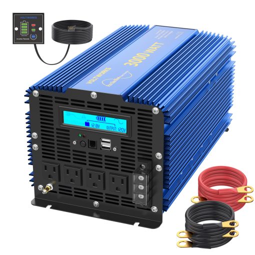 Inversor de corriente de onda sinusoidal pura de 3000 vatios 3000w 12V DC a 110V 120V AC ETL enumerado UL 458 con control remoto y LCD 4 salidas de CA Doble puerto USB 2.4A y 1 Bloque de terminal de CA por VOLTWORKS
